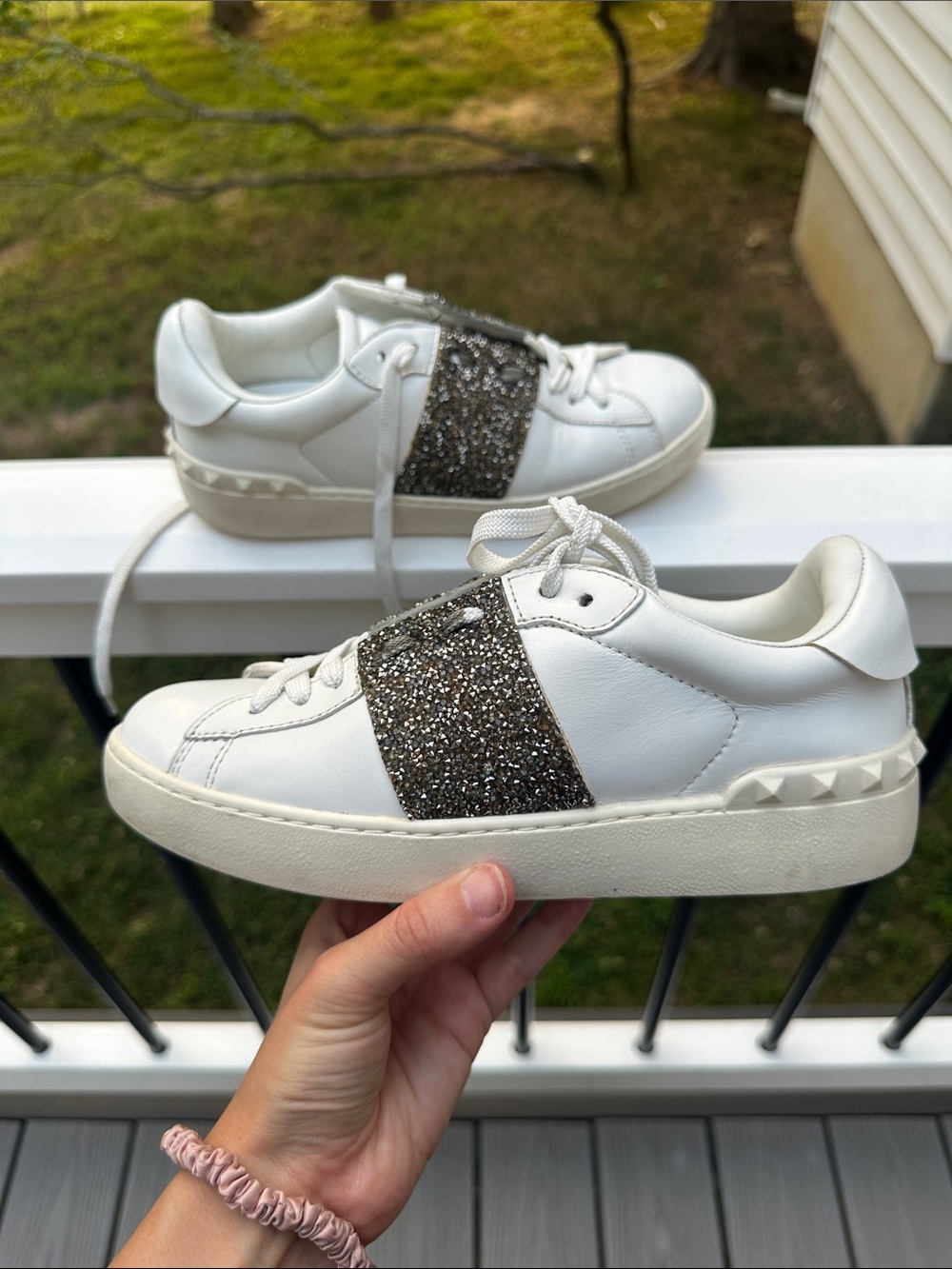 Valentino White Leather And Glitter Rockstud Sneakers